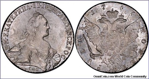 Russia, Catherine II, Rouble, 1767 СПБ-АШ. St. Petersburg mint. Diakov 163; Bitkin 201; Sev. 1993; Davenport 1684; KM-C67a.2. Uncirculated.