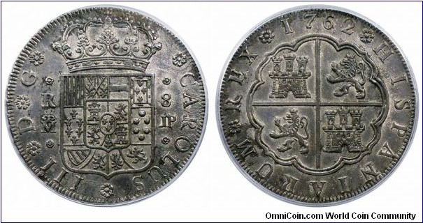 Spain, Charles III, 8 Reales, 1762. 26.9g, 90.3 Silver. Assayer: J.P. (Juan Rodriguez Gutierrez y Pedro Cano). Madrid mint. Obv: Crowned Spanish shield / Rev: Crowned arms of Castille and Leon. KM# 399.1, Cayon# 11904, CCT# 732, Dav.# 1699.