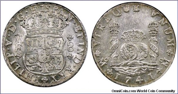 Spanish colonial, Mexico, Philip V, 8 Reales, 1741. 26.92g, 38.53mm, silver. Assayer: M.F., Mexico city mint. KM# 103.