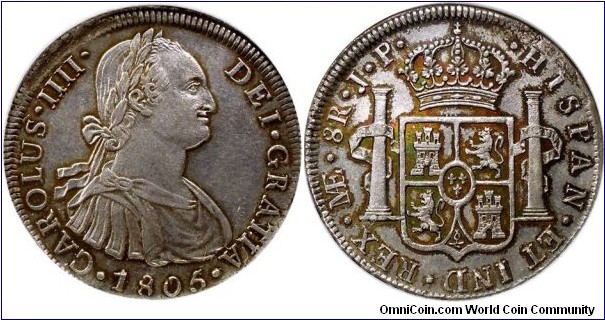 Spanish Colonial, Peru, Charles IV, 8 Reales, 1805. Assayer: J.P., Mint mark: LIMAE (Lima mint). KM# 97.