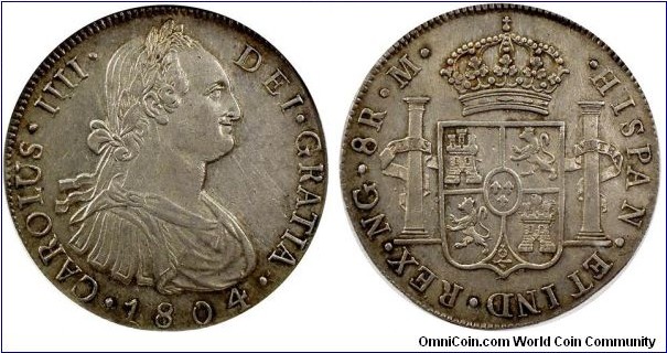 Spanish colonial, Guatemala, Charles IV, 8 Reales, 1804. Assayer: M. Mint mark: N.G. (Nueva Guatemala). KM# 53.