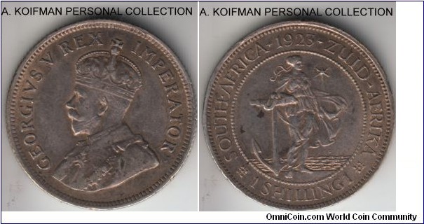 KM-17.1, 1923 South Africa shilling; silver, reeded edge; nicely toned, but several dings and digs, average very fine or so, first year of mintage.