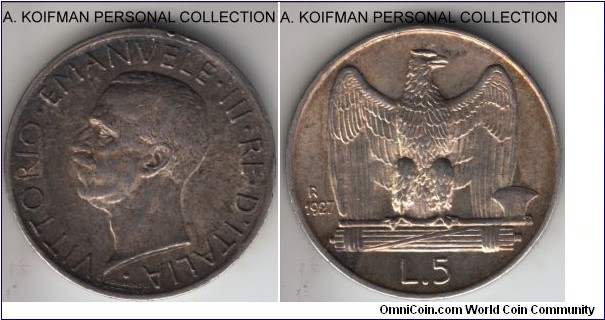 KM-67.2, 1927 Italy 5 lire; silver, plain letter edge; very fine to extra fine, toned, a couple of miniature rim nicks on obverse, as visible.