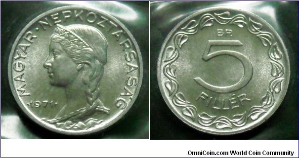 Hungary 5 filler from 1971 annual coin set.
Mintage: 100.000 pieces.
