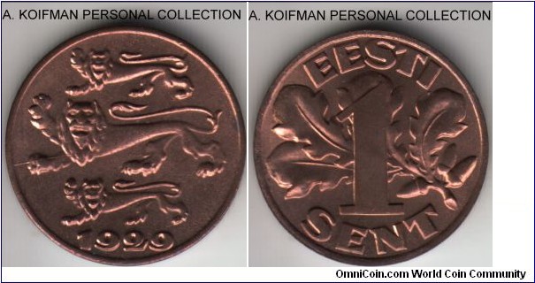 KM-10, 1929 Estonia (First Republic) sent; bronze, plain edge; red uncirculated but for one brounish spot on leopard's muzzle.