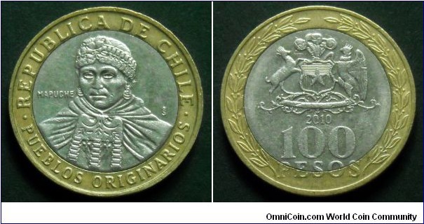 Chile 100 pesos.
2010, Bimetal.