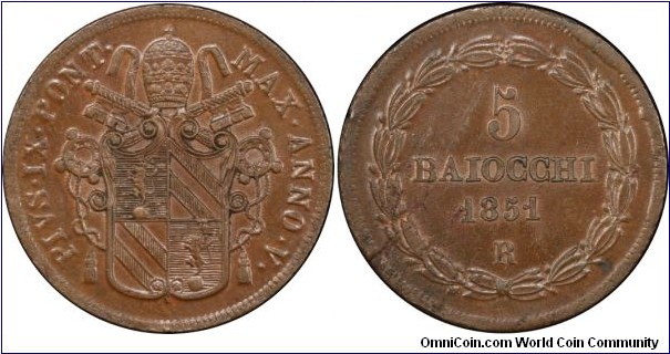 Italian States, Papal States, Pius IX, 5 Baiocchi 1851-VR. KM# 1356. PCGS MS63 BN. 