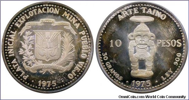 Dominican Republic, 10 Pesos, 1975. Subject: Taino Arts. 29.85g, 40.45mm, 90% silver. KM#38. Toned, proof.