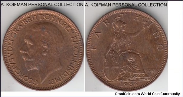 KM-825, 1936 Great Britain farthing; bronze, plain edge; mint state, light brown toning.