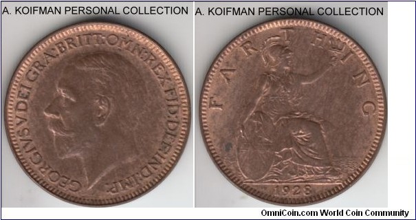 KM-825, 1928 Great Britain farthing; bronze, plain edge; red brown uncirculated, nice and fully struck obverse.
