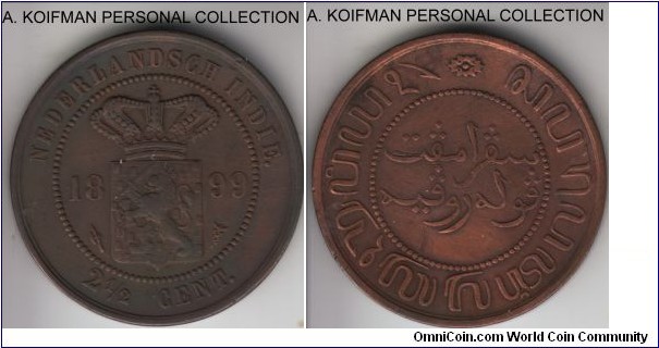 KM-308, 1899 Netherlands East Indies 2 1/2 cents, Utrecht mint; copper, plain edge; decent very fine but reverse had been lightly cleaned or wiped.