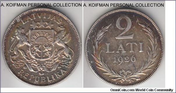 KM-8, 1926 Latvia 2 lati; silver, reeded edge; extra fine or so, deep cabinet toning, scarcer of the two year type.