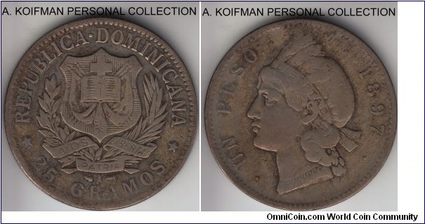 KM-16, 1897 Dominican Republic peso; silver, reeded edge; fine or about, typical extensive wear due to low silver content (350), natural toning and reverse details are fully visible, even complete LIBERTAD.