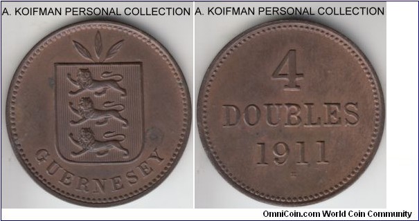 KM-5, 1911 Guernsey 4 doubles, Heaton mint (H mint mark); bronze, plain edge; brown uncirculated, mintage 52,000.