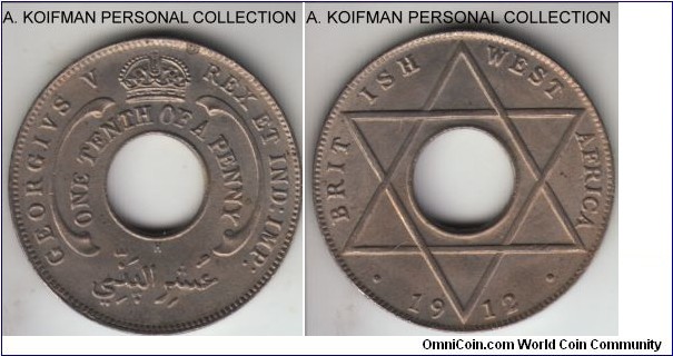 KM-7, 1912 British West Africa 1/10 penny, Heaton (H mint mark); copper-nickel, plain edge; average uncirculated, dull toning, this was the first year of George V mintage.