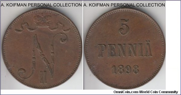KM-15, 1898 Finland (Grand Duchy) 5 pennia; copper, plain edge; Nikolas (Nikolay) II, good very fine to about extra fine, good detail.