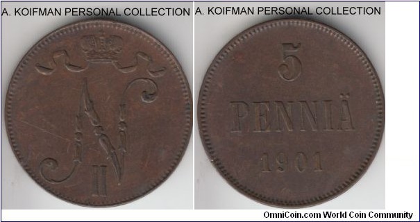 KM-15, 1901 Finland (Grand Duchy) 5 pennia; copper, plain edge; dark brown (remember this is copper, not bronze), good very fine.