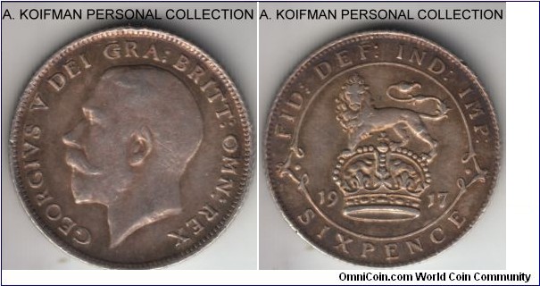 KM-815, 1917 Great Britain 6 pence; silver, reeded edge; good very fine or better, pleasantly toned, this is one of the two carcer years of George V sterling mintage type.