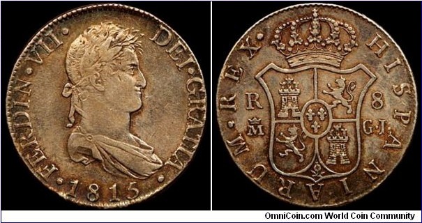 Spain, Ferdinand VII, 8 Reales, 1815. Assayer: G.J., Madrid mint. Cayon# 15082, KM# 466.3. Good very fine. 