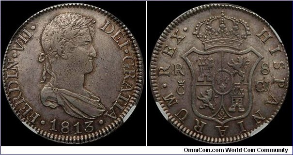 Spain, Ferdinand VII, 8 Reales, 1813. Cadiz mint, Assayer: C.J. FERDIN · VII · DEI · GRATIA ·. Draped laureate bust right / HISPANIARUM... Crowned arms of Castile and Leon. KM# 466.2. NGC AU58. 