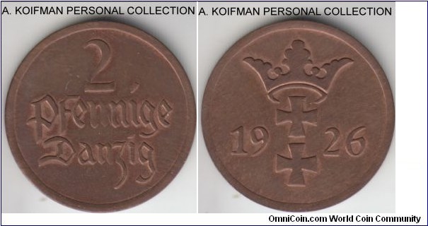 KM-141, 1926 Danzig (Free City) 2 pfennig; bronze, plain edge; looks to be good extra fine for the type.