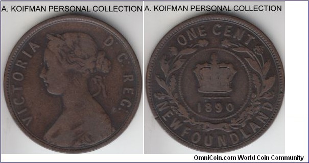 KM-1, 1890 Newfoundland cent; bronze, plain edge; well circulated, very good to fine but just wear, no problems.