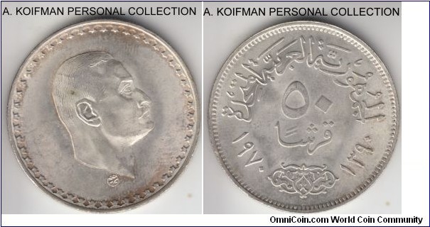 KM-423, AH1390 (1970) Egypt 50 piastres; silver, reeded edge; President Gamal Abdel Nasser, a bit dirty uncirculated or almost