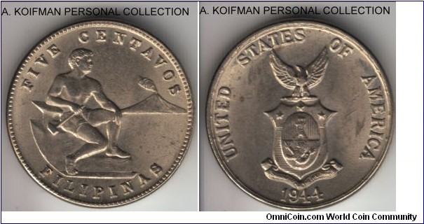KM-180a, 1944 Philippines Commonwealth 5 centavos; copper-nickel-zinc, plain edge; average uncirculated or about.