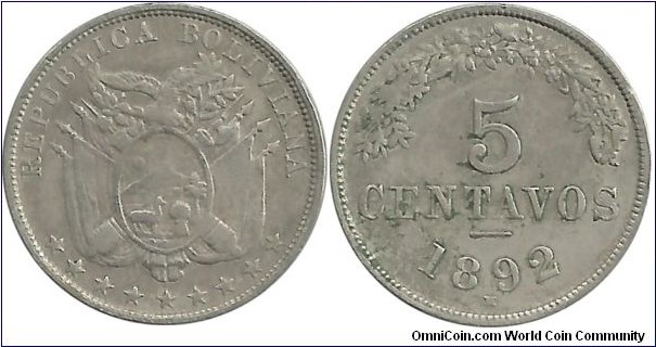 Bolivia 5 Centavos 1892H