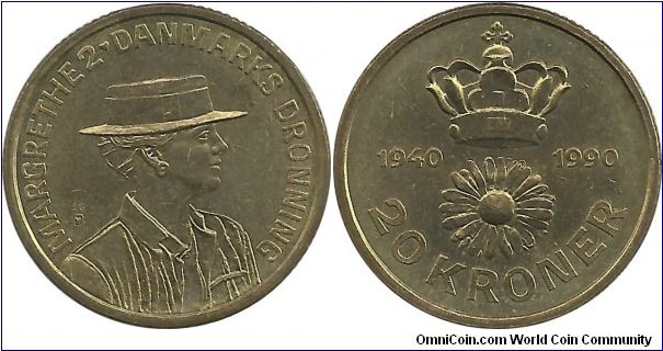 Denmark 20 Kroner 1990 - Queen Margrethe II, 50th Birthday