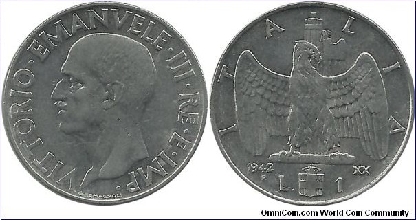 Italy-Kingdom 1 Lira 1942R-XX (magnetic)