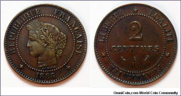 France 2 centimes.
1886 (A) Bronze.
Weight; 2g.
Diameter; 20,2mm.
Design; Eugene-Andre Oudine.
Mintage: 300.000 pieces.