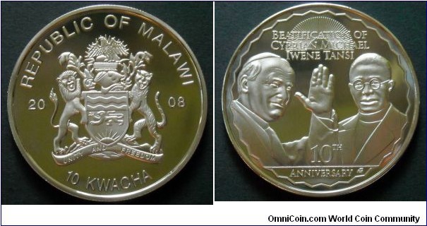 Malawi 10 kwacha.
2008, 10th Anniversary of the beatification of Michael Iwene Tansi.
Silver plated Copper-Nickel.
Weight; 30g.
Diameter; 36mm.
Mintage: 600 pieces.
