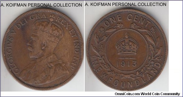 KM-16, 1913 Newfoundland cent, Royal mint (no mint mark); bronze, plain edge; good fine to about very fine, an edge bump at 3 o'clock on obverse.