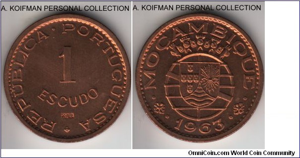 KM-Pr47, 1963 Portuguese Mozambique (Colony) escudo; prova, bronze, plain edge; red uncirculated.