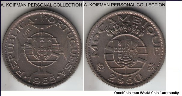 KM-Pr35, 1955 Portugueze Mozambique (Colony) 2.5 escudo; prova, copper-nickel, reeded edge; nice uncirculated specimen.