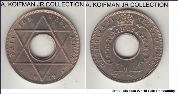 KM-20, 1939 British West Africa 1/10 penny, Royal Mint (no mint mark); copper nickel, holed flan, plain edge; George VI, nice lustrous choice uncirculated.