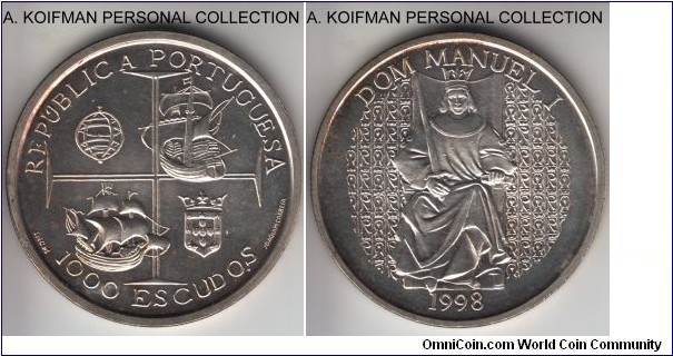 KM-713, 1998 Portugal 1000 escudos; silver, reeded edge; Dom Manual, average uncirculated or about, some toning.