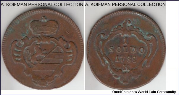 KM-27, 1788 Italian state Gorizia soldo, Kremnitz mint (K mint mark); copper, plain edge; under Austrian Holy Empire rule, seems very fine or so.