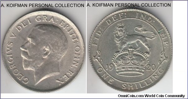 KM-816a, 1920 Great Britain shilling; silver, reeded edge; as minted, white lustered uncirculated specimen, these are not very common since they saw heavy use compounded by lower silver content, usually found in poor shape.