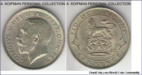 KM-815, 1920 great Britain 6 pence; silver, reeded edge; as struck with worn dies - vlearly visible die break on reverse and not fully struck lion's muzzle, very thin die break but almost for the whole length of the coin on obverse, the coin is also a bit dirty.
