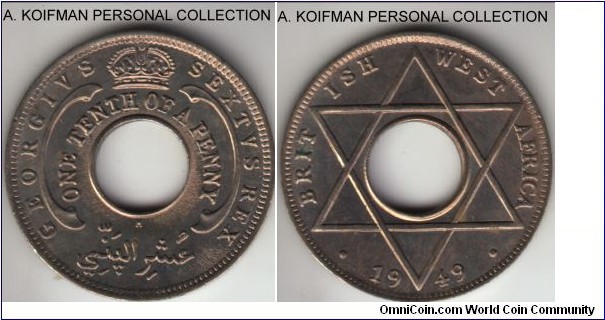 KM-26, 1946 British West Africa 1/10 penny, Heaton mint (H mint mark); copper nickel, plain edge; uncirculated, great obverse, few spots of dirt on reverse.