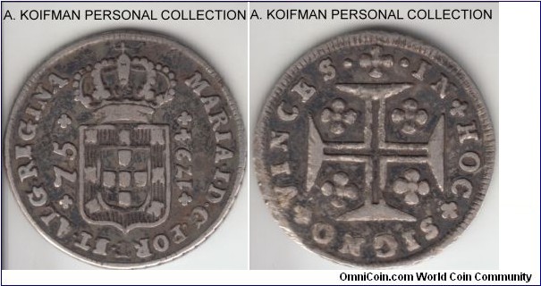 KM-6, 1794 Azores 75 reis; silver, laured edge; very good to fine, would be strong fine if not for some filing of the reverse edge, two year type rather scarce.
