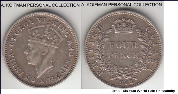 KM-30, 1938 British Guiana 4 pence; silver, reeded edge; mintage 30,000, very fine.