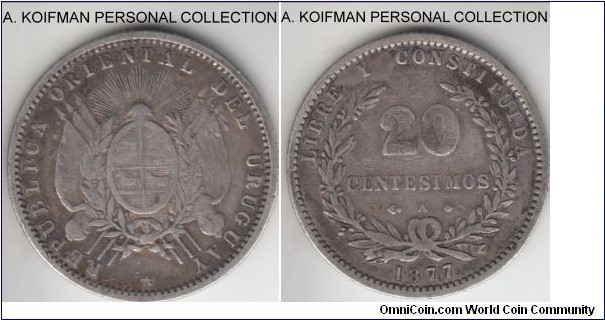 KM-15, 1877 Uruguay 20 centavos, paris mint (A mint mark); silver, reeded edge; good fine.