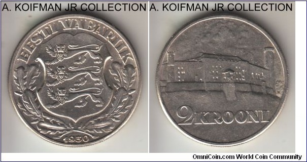 KM-20, 1930 Estonia 2 krooni; silver, reeded edge; First Republic, average uncirculated, lots of luster, few bag marks.