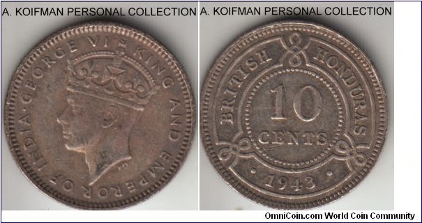KM-23, 1943 British Honduras 10 cents; silver, reeded edge; mintage 20,000, scarce, extra fine details, possibly cleaned.