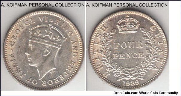 KM-30, 1939 British Guiana 4 pence; silver, reeded edge; mintage 48,000, uncirculated or almost, lots of luster.