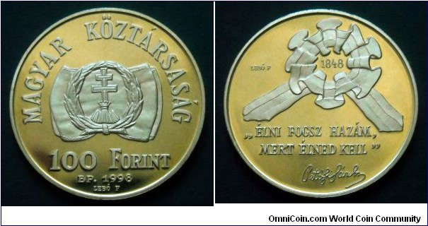 Hungary 100 forint.
1998, 150th Anniversary of Revolution of 1848.
Proof variety.
Mintage: 15.000 pieces.