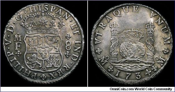 Spanish colonial, Mexico, Philip V, 8 Reales, 1734. 26.68g, 39.54mm, Silver. Assayer: M.F., Mexico city mint. Light adjustment marks. KM# 103; Craig-6a; Elizondo-9. Nearly extremely fine to extremely fine.